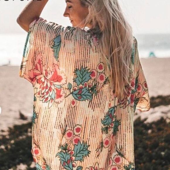 CUPSHE OS Oversized Collared Button Front Stripe Floral Swim Coverup Shirt - Picture 3 of 12